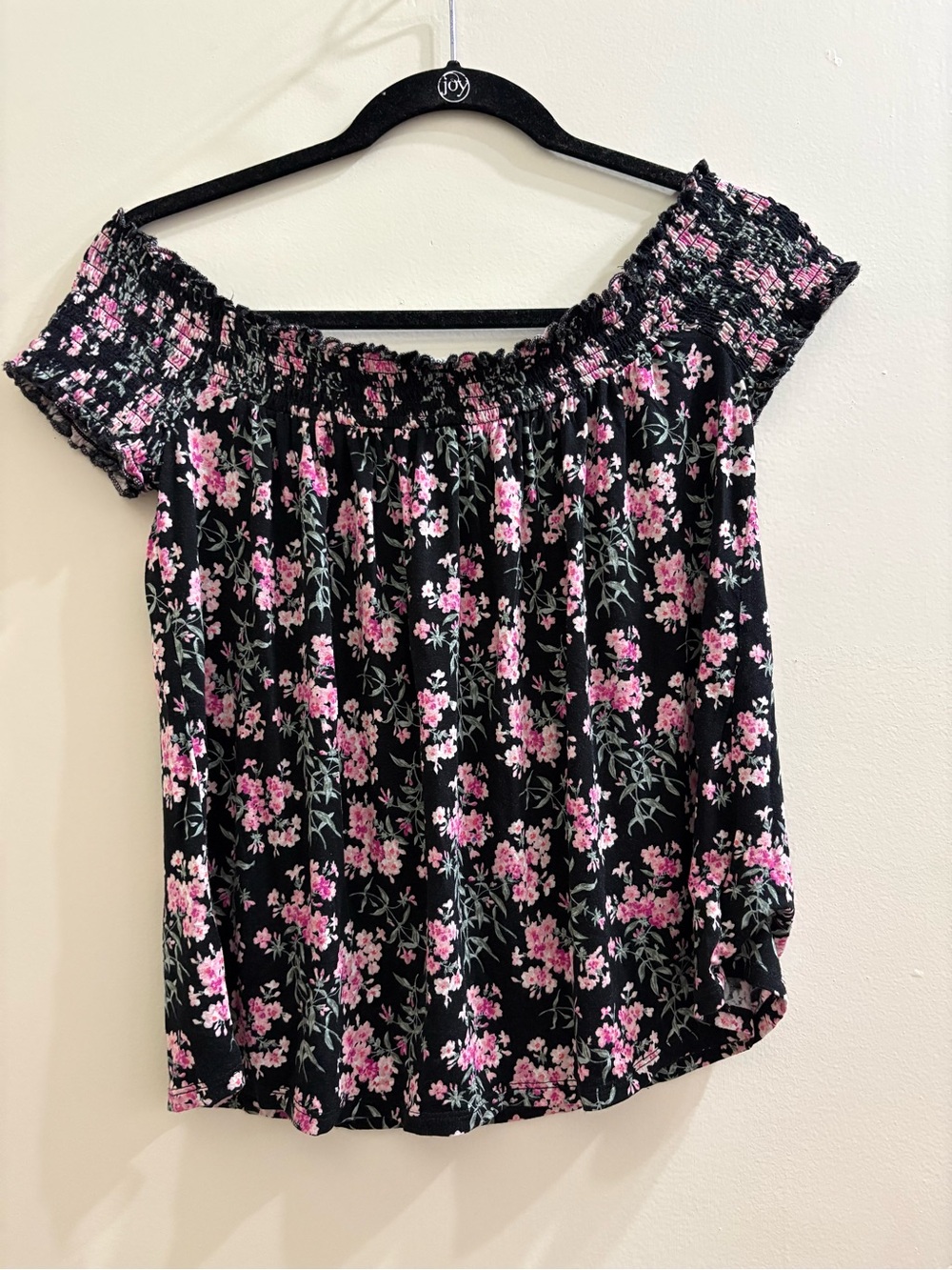 American Eagle Soft & Sexy Off-Shoulder Floral Peasant Top - Black & Pink